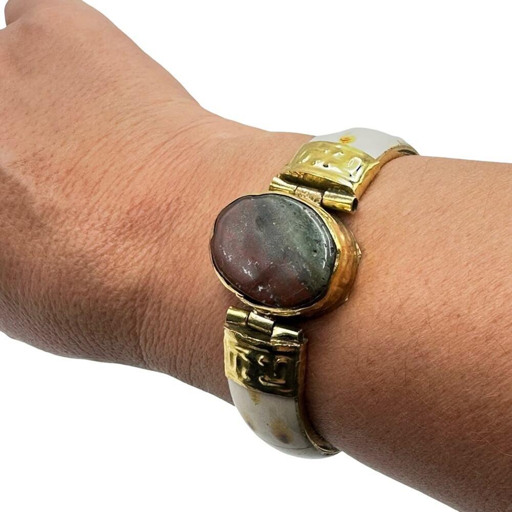 VINTAGE BONE HINGED CUFF BANGLE BRACELET GEMSTONE BRASS ACCENTS - NWOT #3